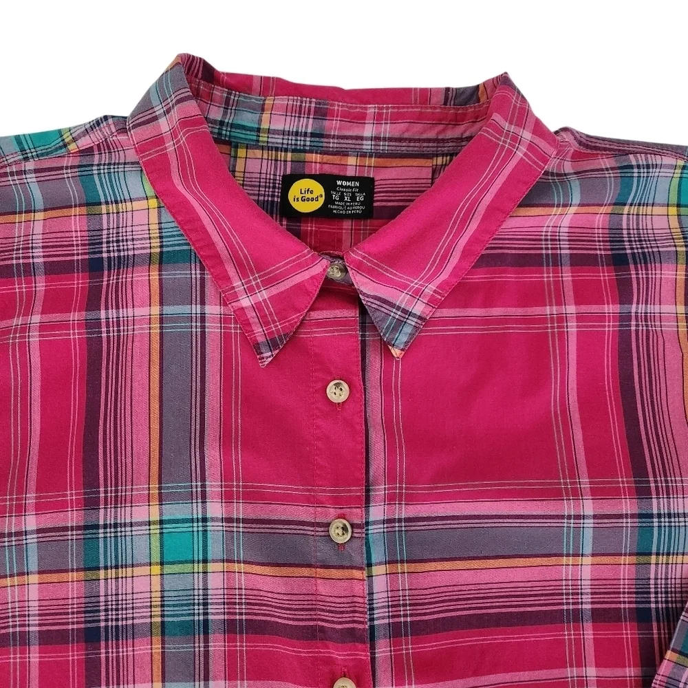 LIFE IS GOOD Pink Plaid Button Front Cotton Shirt Relaxed Casual Top xl - Picture 6 of 15